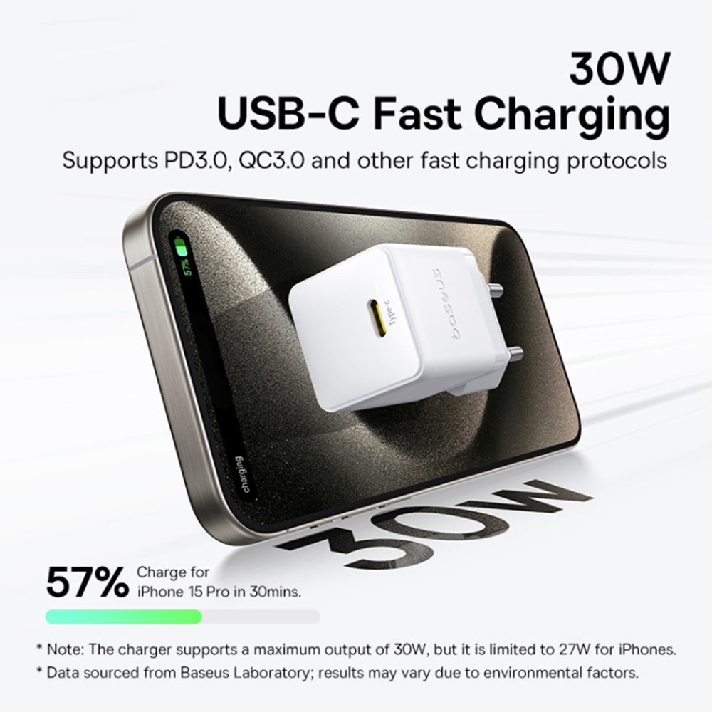 Punjač za mrežu sa USB-C kablom Baseus Palm, 30W, 3A, 1 x USB-C, Beli P10111605213-01