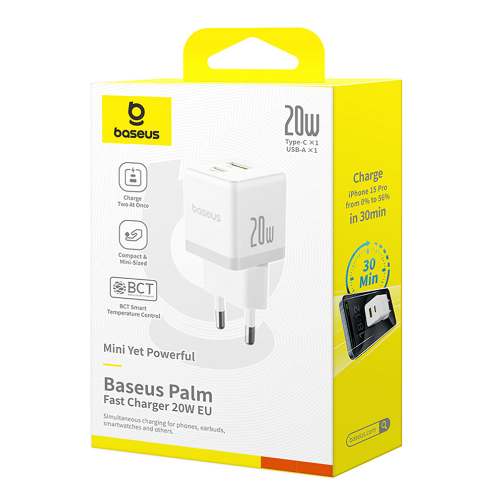 Punjač za mrežu sa USB-C kablom Baseus Palm, 20W, 3A, 1 x USB-A - 1 x USB-C, Beli P10111608213-01