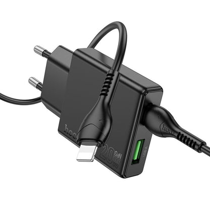 Punjač za mrežu sa Lightning kablom HOCO N38, 20W, 3A, 1 x USB-A - 1 x USB-C, Crni