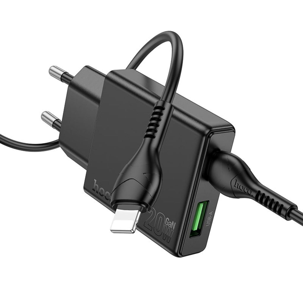 Punjač za mrežu sa Lightning kablom HOCO N38, 20W, 3A, 1 x USB-A - 1 x USB-C, Crni