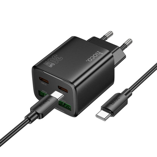 Punjač za mrežu sa USB-C kablom HOCO N56, 30W, 3A, 2 x USB-A - 2 x USB-C, Crni
