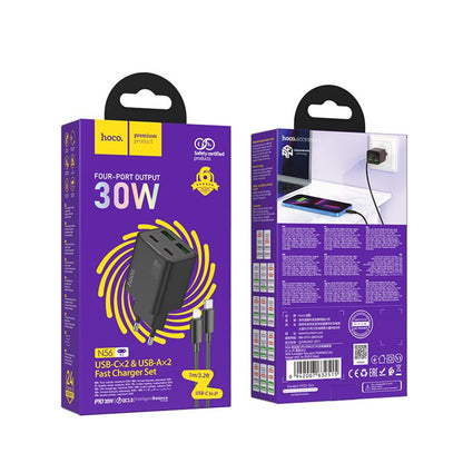 Punjač za mrežu sa Lightning kablom HOCO N56, 30W, 3A, 2 x USB-A - 2 x USB-C, Crni