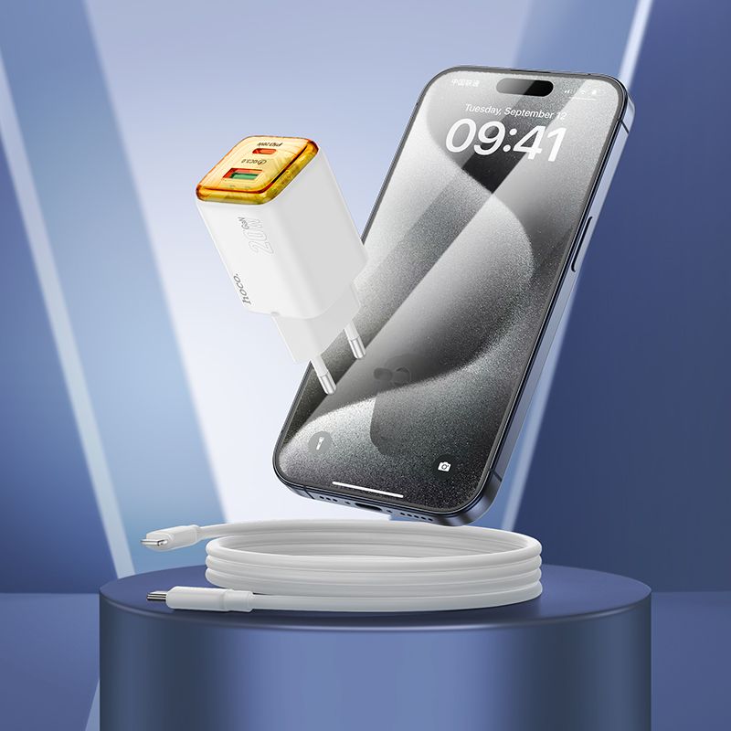 Punjač za mrežu sa USB-C kablom HOCO N52, 20W, 3A, 1 x USB-A - 1 x USB-C, Beli