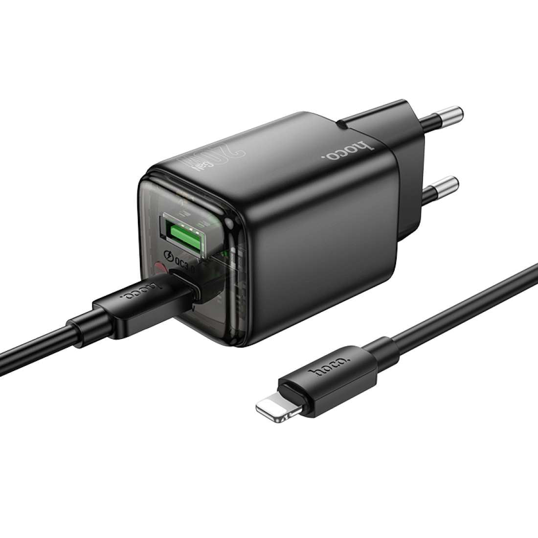 Punjač za mrežu sa Lightning kablom HOCO N52, 20W, 3A, 1 x USB-A - 1 x USB-C, Crni