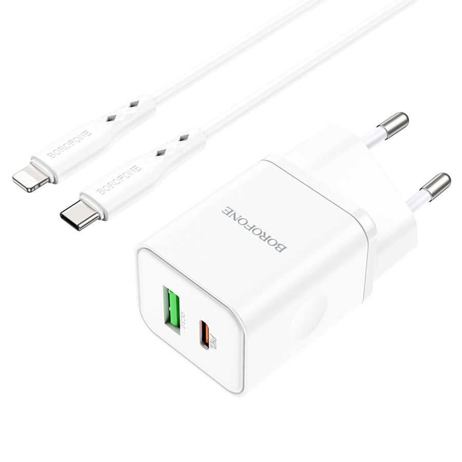 Punjač za mrežu sa Lightning kablom Borofone BN7, 20W, 3A, 1 x USB-A - 1 x USB-C, Beli