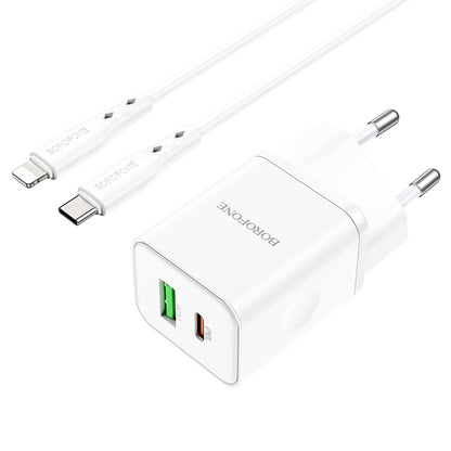 Punjač za mrežu sa Lightning kablom Borofone BN7, 20W, 3A, 1 x USB-A - 1 x USB-C, Beli