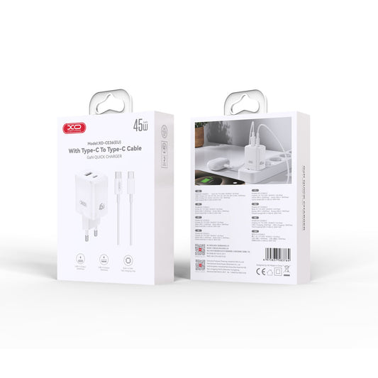 Punjač za mrežu sa USB-C kablom XO Design CE36, 45W, 3A, 1 x USB-A - 1 x USB-C, Beli