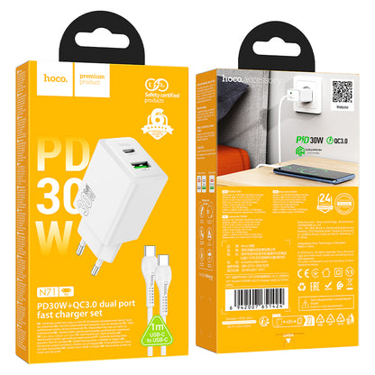 Punjač za mrežu sa USB-C kablom HOCO N71, 30W, 3A, 1 x USB-A - 1 x USB-C, Beli