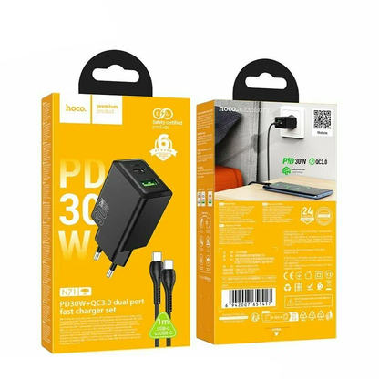 Punjač za mrežu sa USB-C kablom HOCO N71, 30W, 3A, 1 x USB-A - 1 x USB-C, Crni