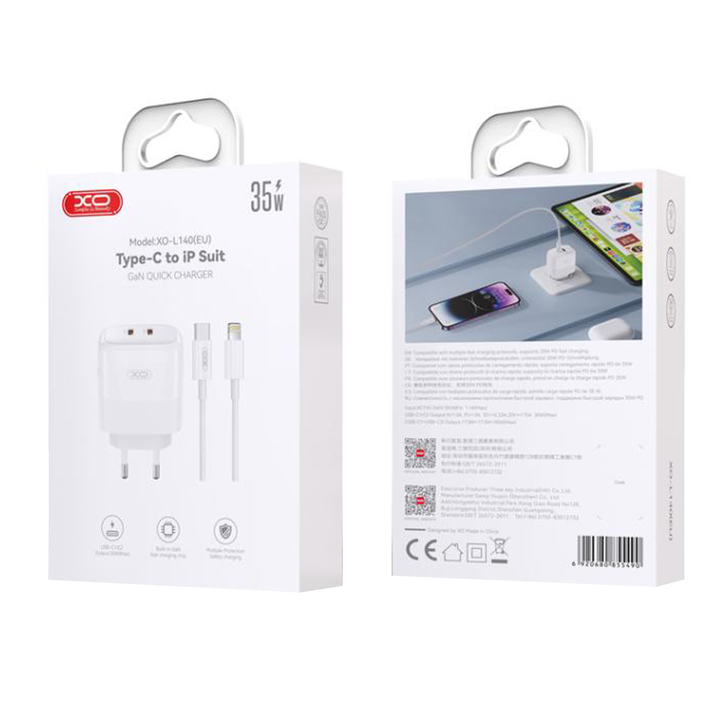 Punjač za mrežu sa Lightning kablom XO Design L140, 35W, 3A, 2 x USB-C, Beli