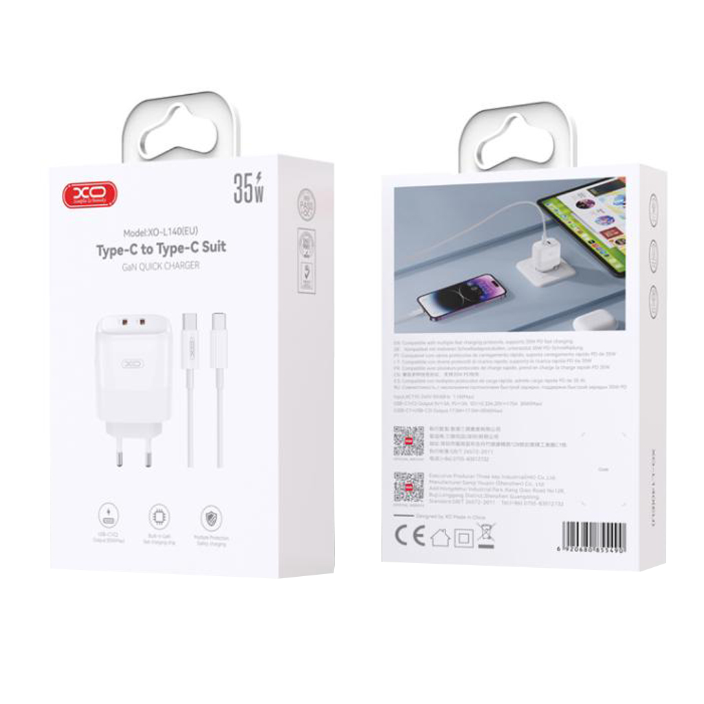 Punjač za mrežu sa USB-C kablom XO Design L140, 35W, 3A, 2 x USB-C, Bela