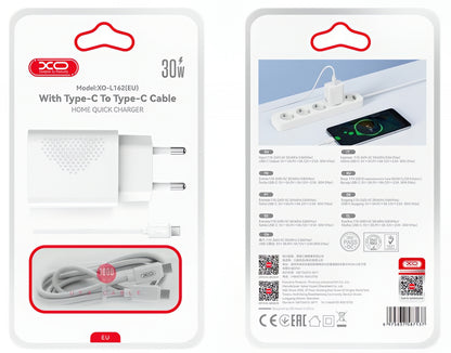 Punjač za mrežu sa USB-C kablom XO Design L162, 30W, 3A, 1 x USB-C, Beli