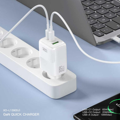 Punjač za mrežu sa USB-C kablom XO Design L139, 65W, 4.5A, 1 x USB-A - 2 x USB-C, Beli