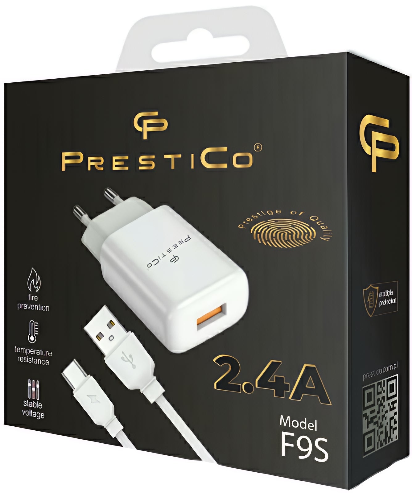 Punjač mreže sa USB-C kablom Prestico F9S, 12W, 2.4A, 1 x USB-A, Beli