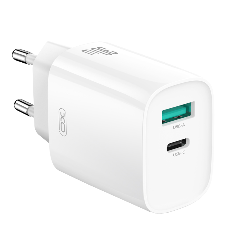 Punjač za mrežu sa Lightning kablom XO Design CE30, 30W, 3A, 1 x USB-A - 1 x USB-C, Beli