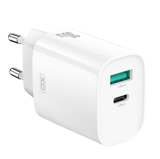 Punjač za mrežu sa Lightning kablom XO Design CE30, 30W, 3A, 1 x USB-A - 1 x USB-C, Beli
