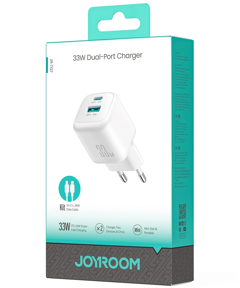 Punjač mreže sa Lightning kablom Joyroom JR-TG7, 33W, 3A, 1 x USB-A - 1 x USB-C, Beli