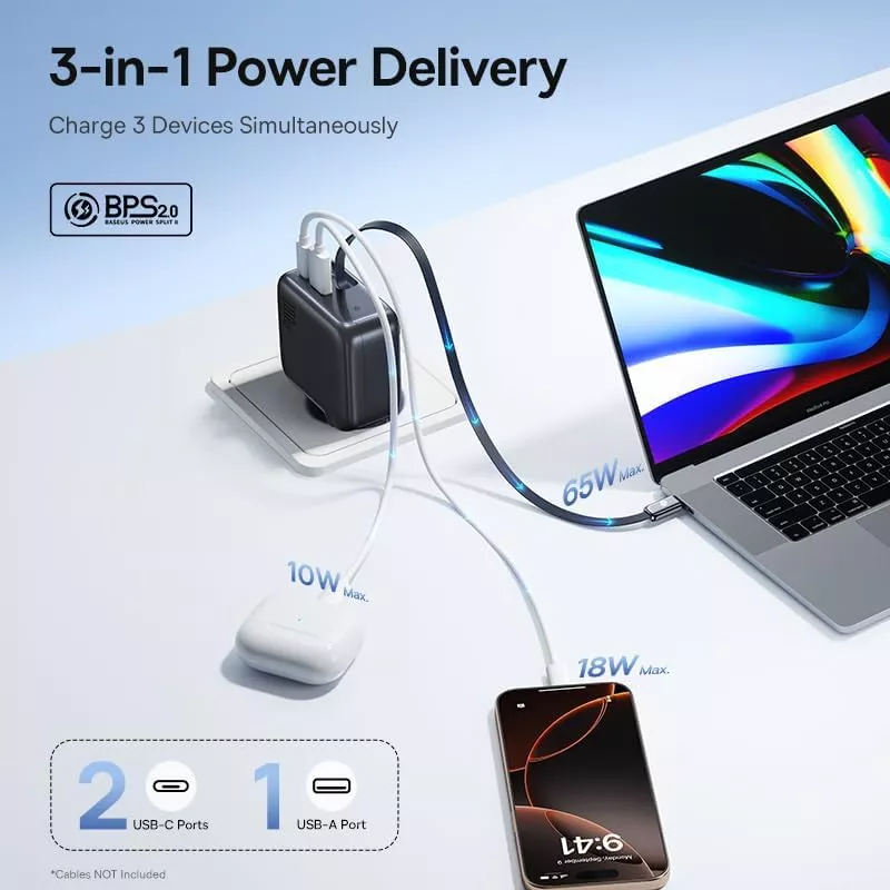 Punjač mreže sa USB-C kablom Baseus EnerCore CJ11, 100W, 1 x USB-A - 2 x USB-C, Crni E0120M00