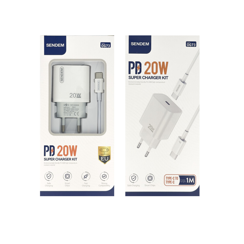 Punjač za mrežu sa USB-C kablom Sendem OG73, 20W, 3A, 1 x USB-C, Bela