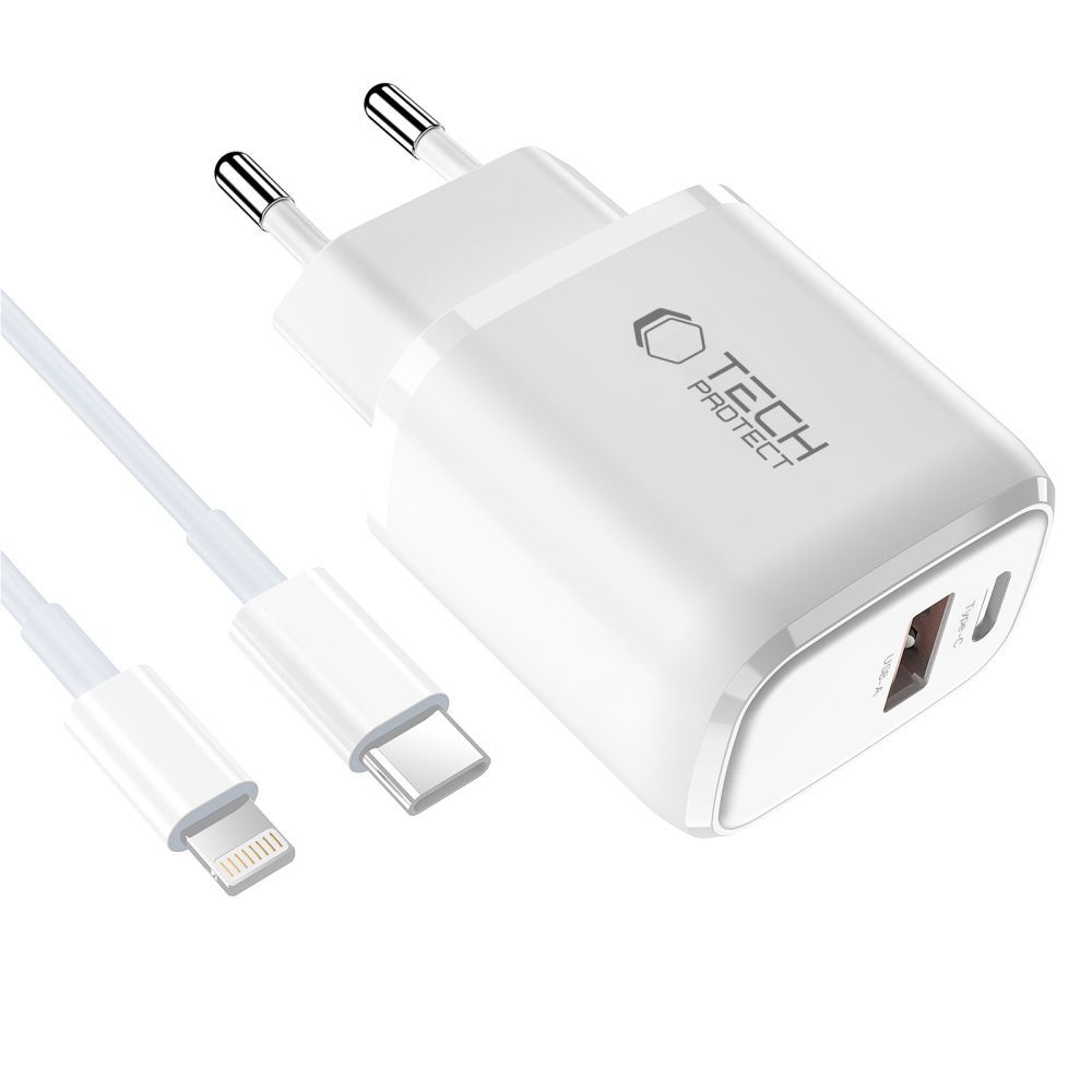 Mrežni punjač sa Lightning kablom Tech-Protect NCA20, 20W, 3A, 1 x USB-A - 1 x USB-C, Bela
