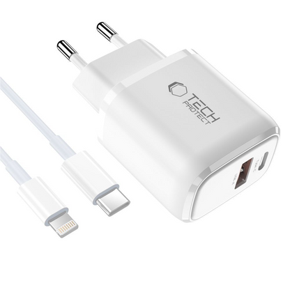 Mrežni punjač sa Lightning kablom Tech-Protect NCA20, 20W, 3A, 1 x USB-A - 1 x USB-C, Bela