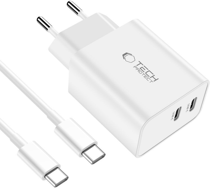 Mrežni punjač sa USB-C kablom Tech-Protect C35W, 35W, 3A, 2 x USB-C, Bela