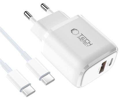 Punjač za mrežu sa USB-C kablom Tech-Protect NCA20, 20W, 3A, 1 x USB-A - 1 x USB-C, Bela