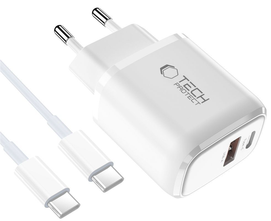 Punjač za mrežu sa USB-C kablom Tech-Protect NCA20, 20W, 3A, 1 x USB-A - 1 x USB-C, Bela