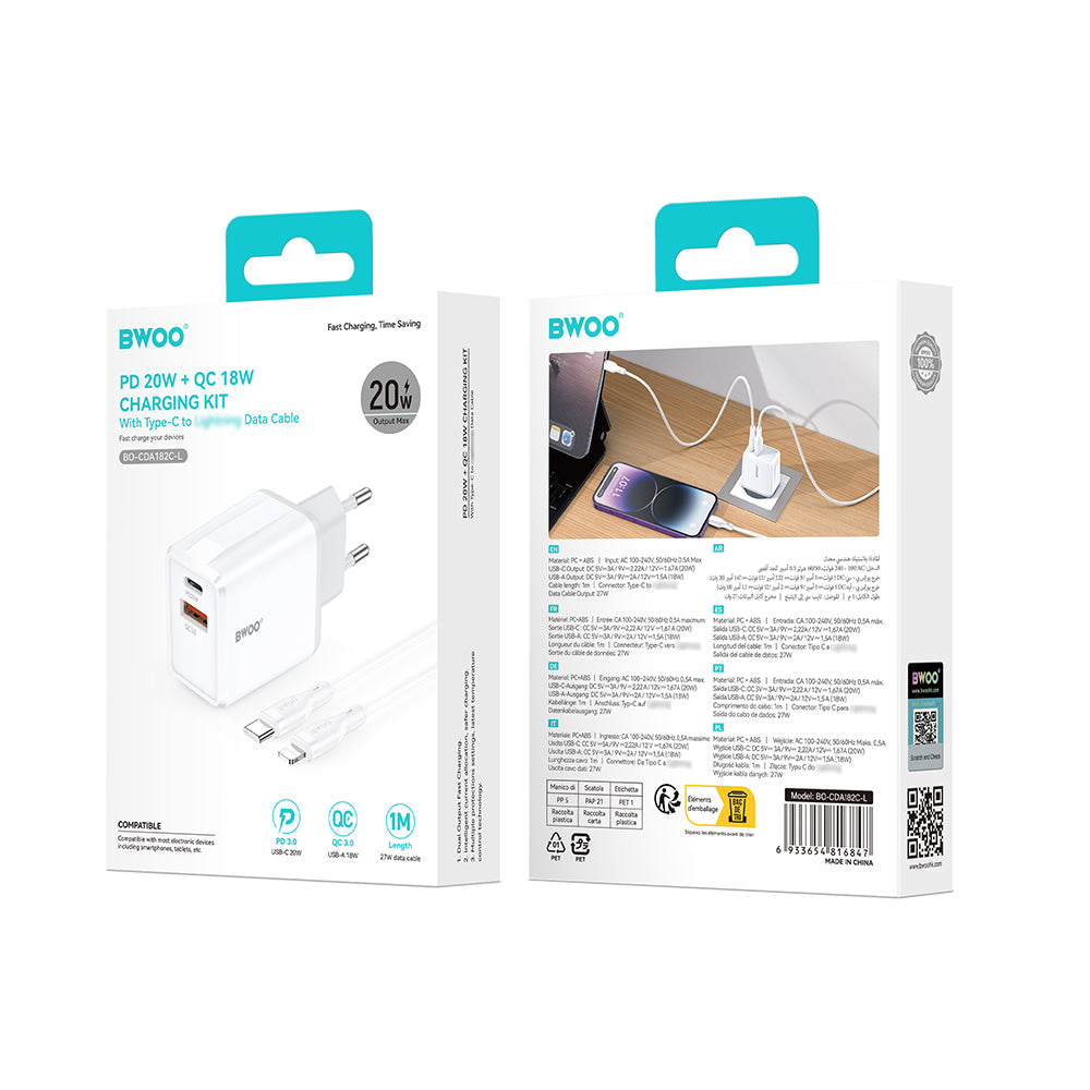 Punjač za mrežu sa Lightning kablom BWOO CDA182, 38W, 3A, 1 x USB-A - 1 x USB-C, Bela