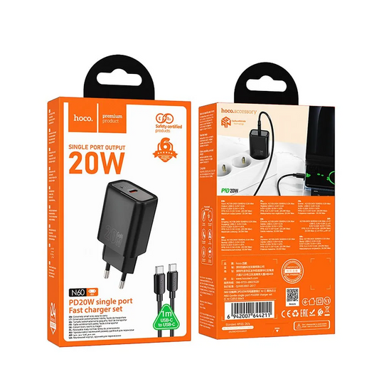 Mrežni punjač sa Lightning kablom HOCO N60, 20W, 3A, 1 x USB-C, Crni