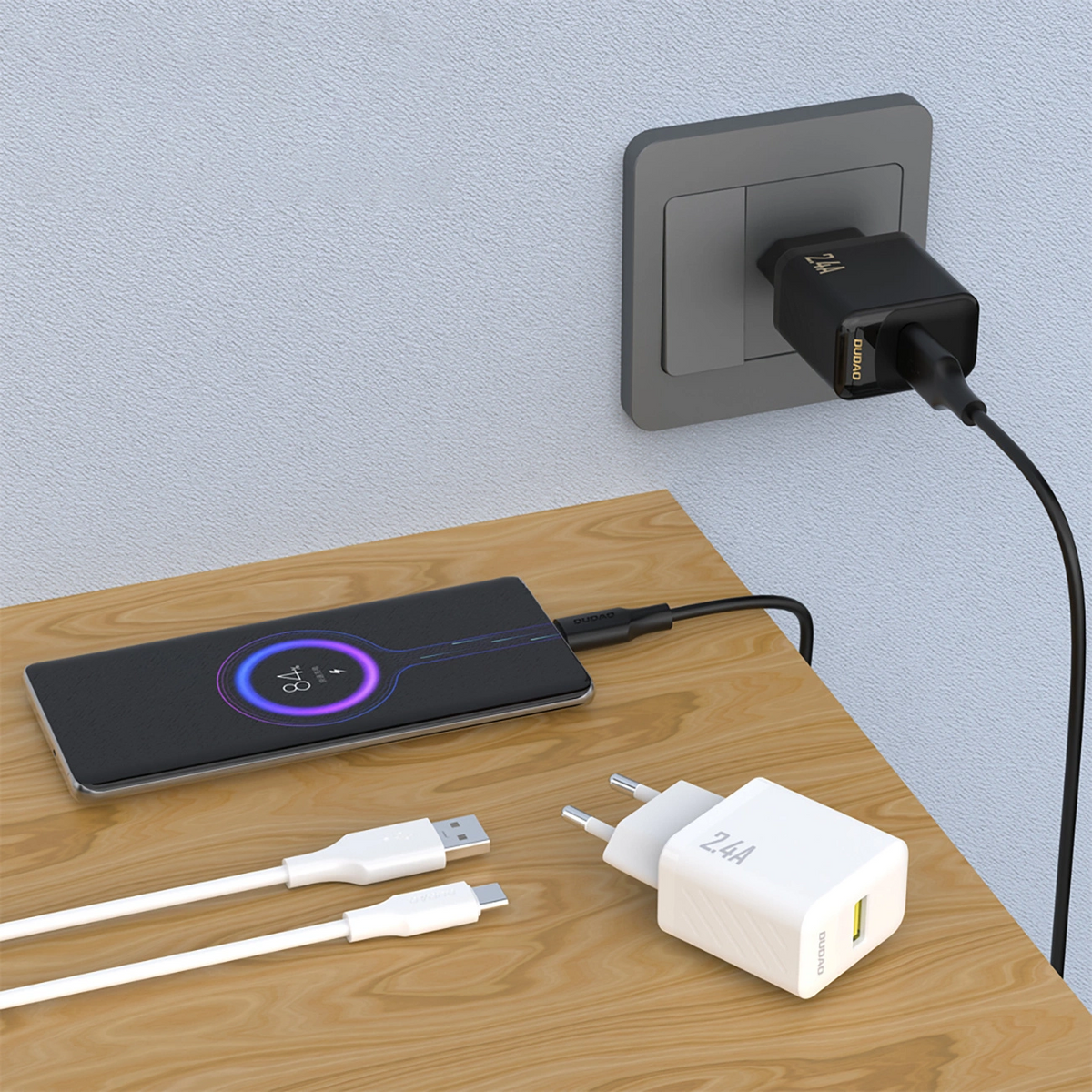 Punjač za mrežu sa USB-C kablom Dudao A23TEU, 12W, 2.4A, 1 x USB-A, Crna