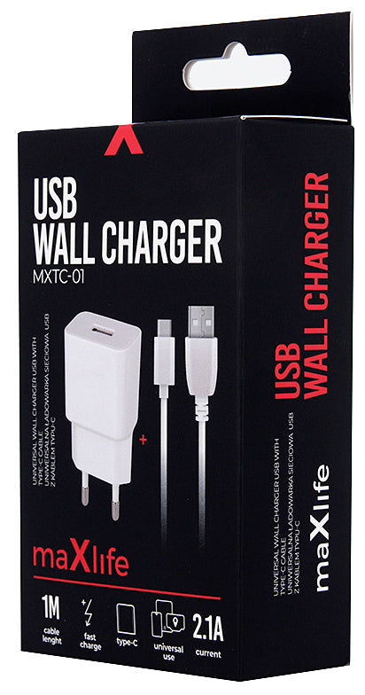 Mrežni punjač sa USB-C kablom MaXlife MXTC-01, 10.5W, 2.1A, 1 x USB-A, Bela