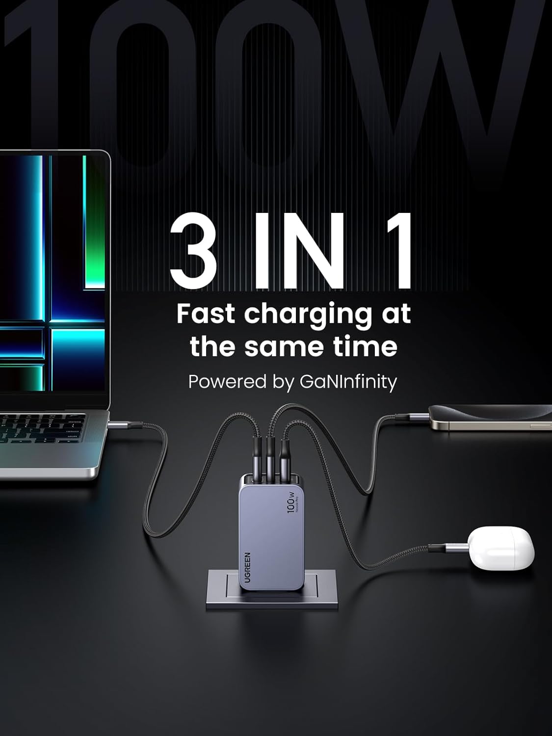 Punjač za mrežu s USB-C kabelom UGREEN X757 Nexode Pro, 100W, 3A, 1 x USB-A - 2 x USB-C, sivi