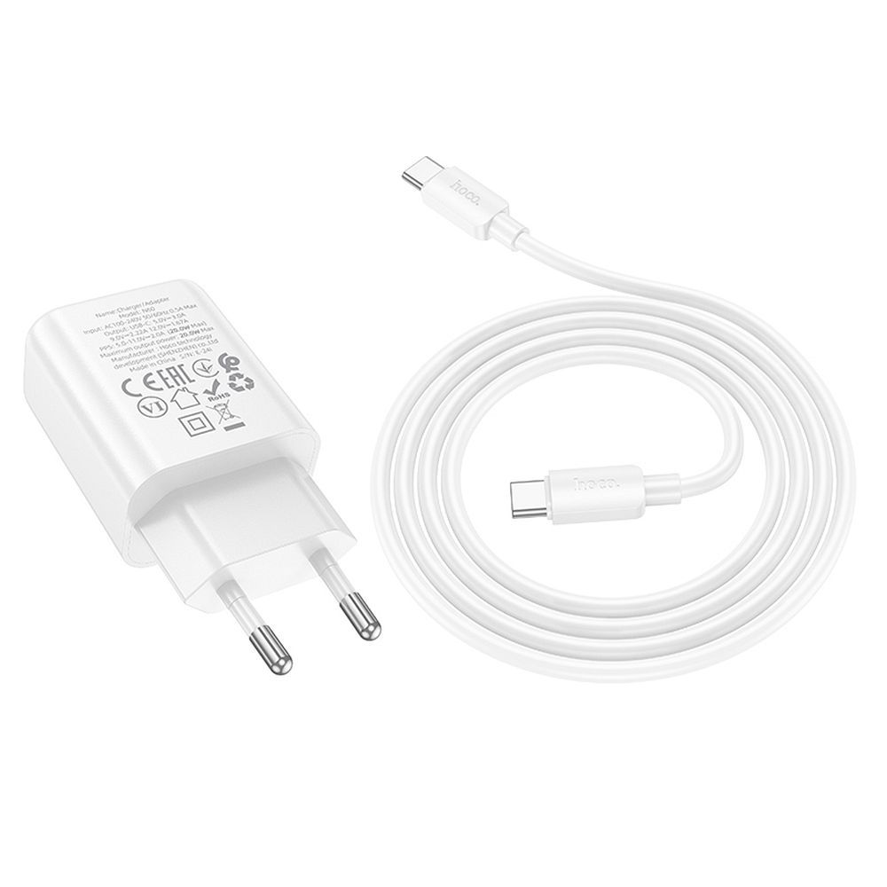 Punjač za mrežu sa USB-C kablom HOCO N60, 20W, 3A, 1 x USB-C, Bela