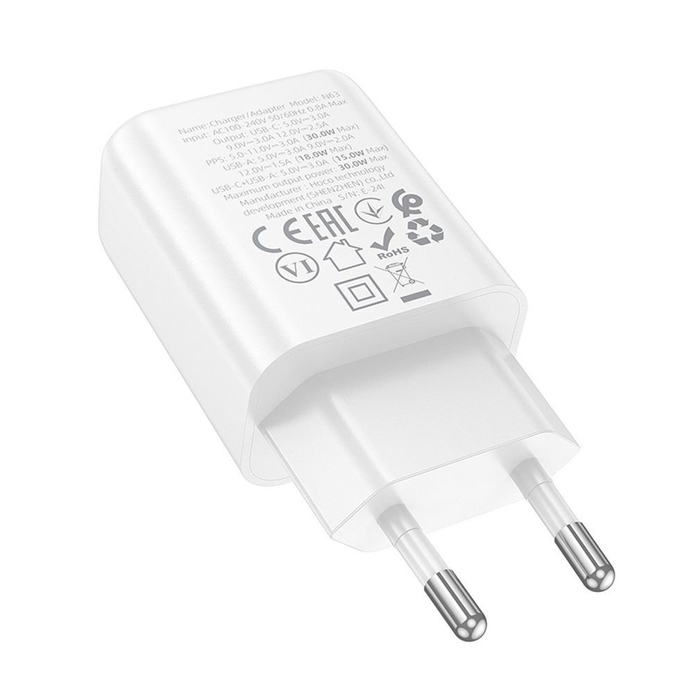 Punjač za mrežu HOCO N63, 30W, 3A, 1 x USB-A - 1 x USB-C, Beli