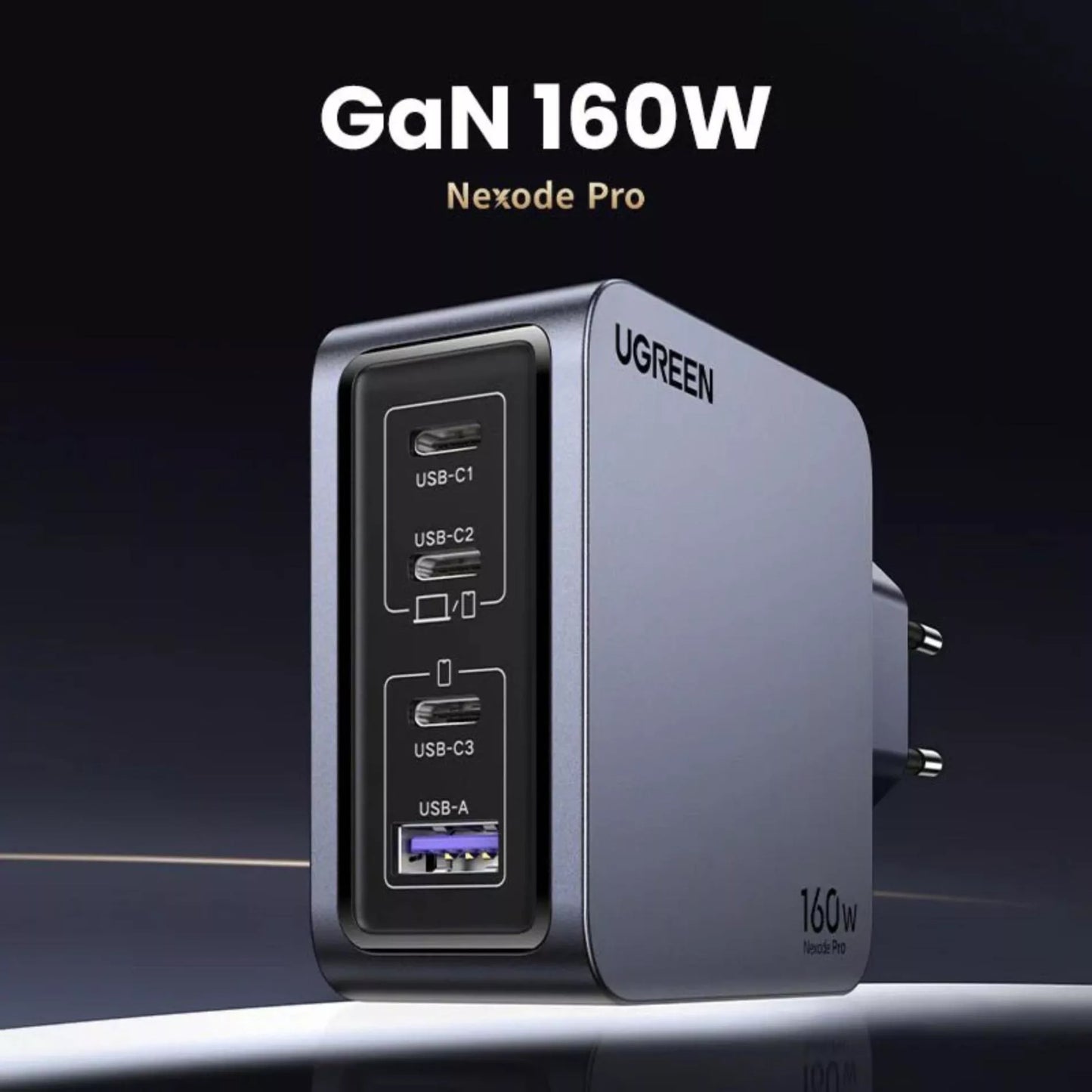 Punjač za mrežu sa USB-C kablom UGREEN X763 Nexode Pro, 160W, 3.25A, 1 x USB-A - 3 x USB-C, Sivi