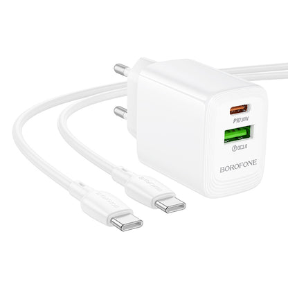Punjač za mrežu sa USB-C kablom Borofone BN29 Fuente, 30W, 3A, 1 x USB-A - 1 x USB-C, Beli