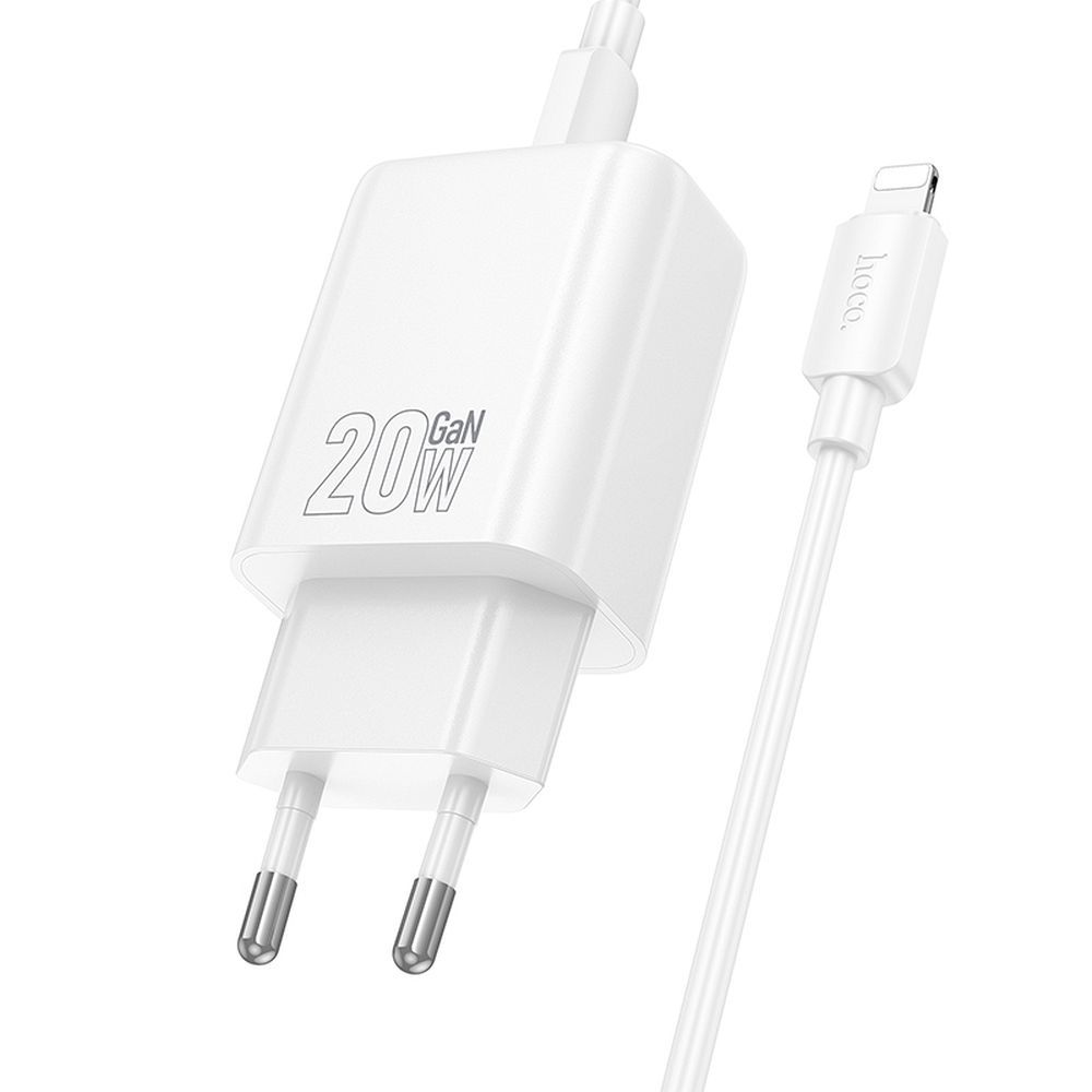 Punjač za mrežu sa Lightning kablom HOCO N61, 20W, 3A, 1 x USB-A - 1 x USB-C, Beli