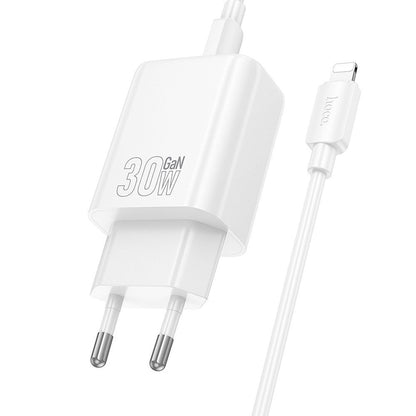 Punjač za mrežu sa Lightning kablom HOCO N63, 30W, 3A, 1 x USB-A - 1 x USB-C, Beli