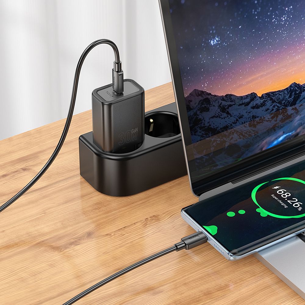 Punjač za mrežu sa USB-C kablom HOCO N62, 30W, 3A, 1 x USB-C, Crni
