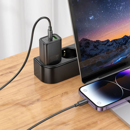 Punjač za mrežu sa USB-C kablom HOCO N61, 20W, 3A, 1 x USB-A - 1 x USB-C, Crni