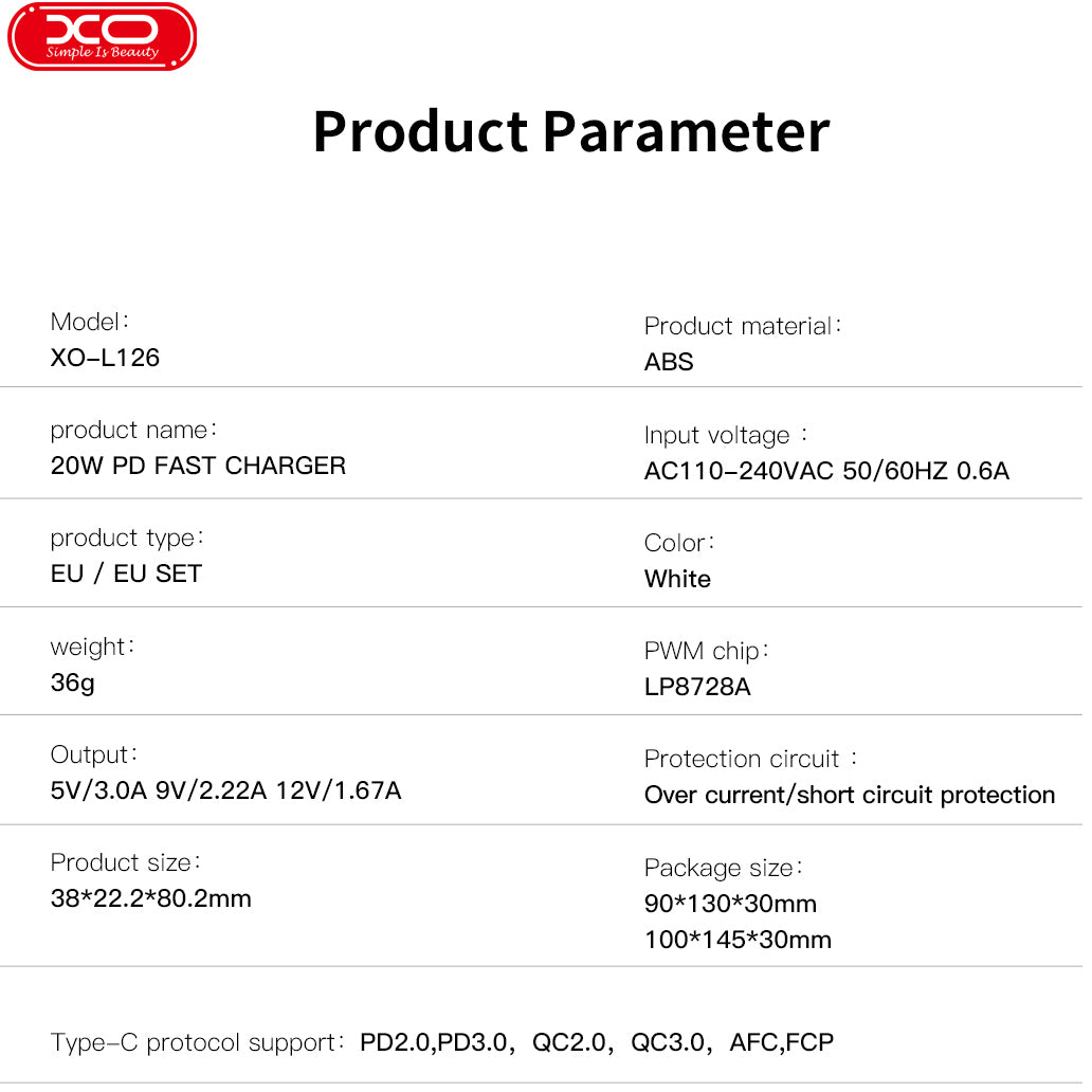 Punjač za mrežu sa USB-C kablom XO Design L126, 20W, 3A, 1 x USB-C, Bel