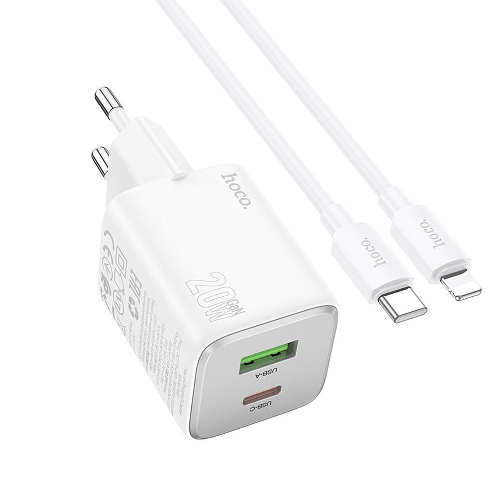 Punjač za mrežu sa Lightning kablom HOCO N41, 20W, 3A, 1 x USB-A - 1 x USB-C, Beli