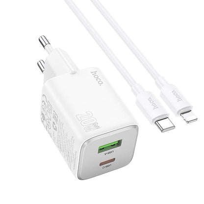 Punjač za mrežu sa Lightning kablom HOCO N41, 20W, 3A, 1 x USB-A - 1 x USB-C, Beli
