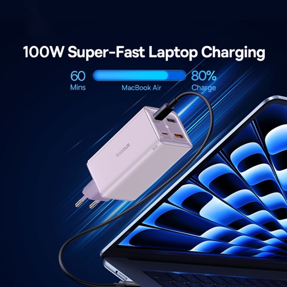 Punjač mreže sa USB-C kablom Baseus GaN6 Pro, 100W, 3.25A, 2 x USB-A - 2 x USB-C, Ljubičasti P10162705532-00