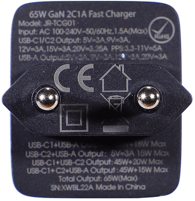 Punjač mreže sa USB-C kablom Joyroom TCG01, 65W, 3.25A, 1 x USB-A - 2 x USB-C, Crni