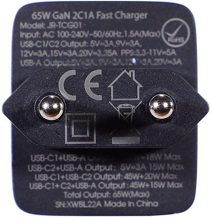 Punjač mreže sa USB-C kablom Joyroom TCG01, 65W, 3.25A, 1 x USB-A - 2 x USB-C, Crni