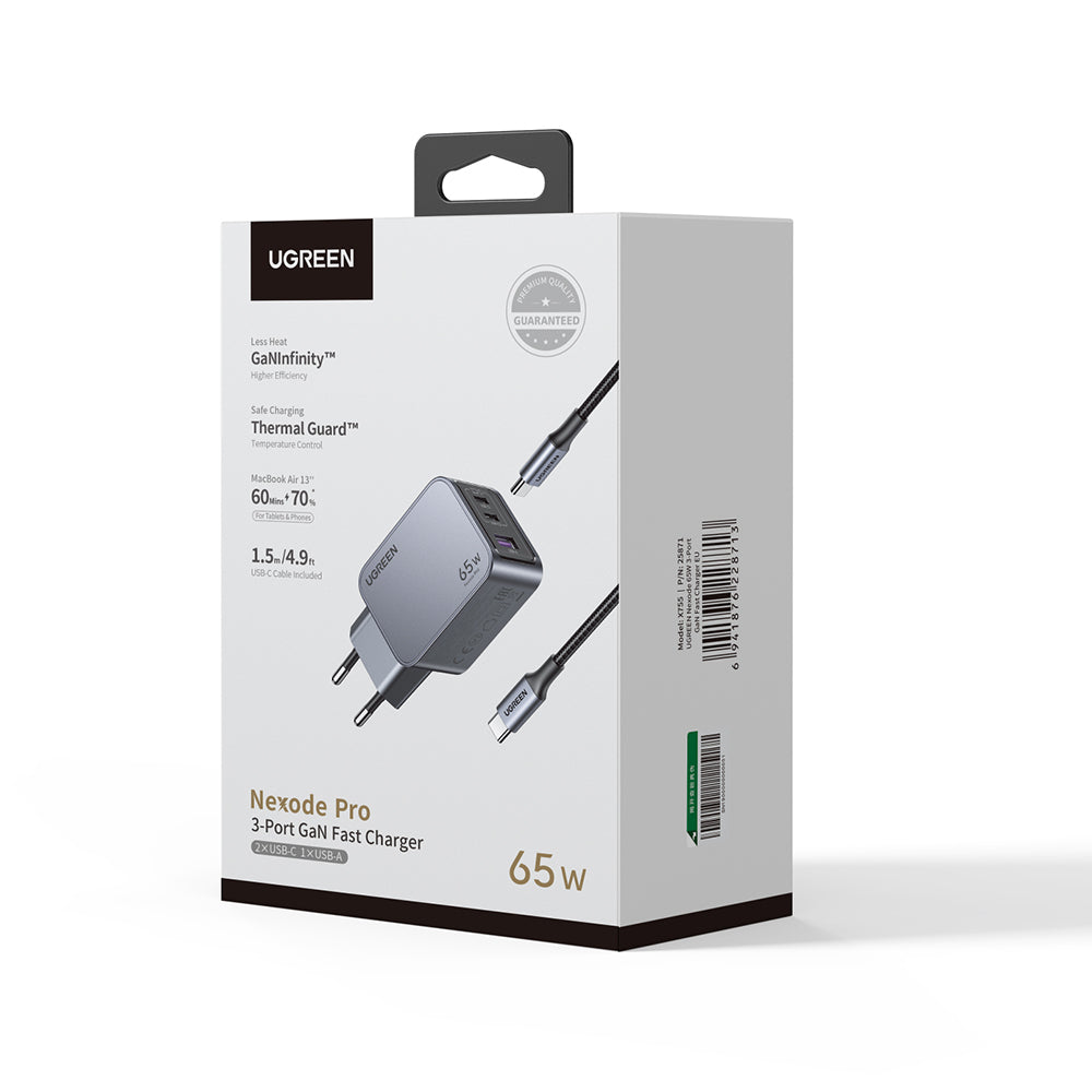 Punjač za mrežu sa USB-C kablom UGREEN X755 Nexode Pro, 65W, 3A, 1 x USB-A - 2 x USB-C, Sivi
