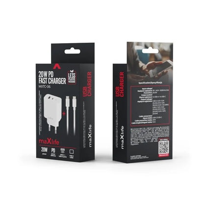 Punjač za mrežu sa USB-C kablom MaXlife MXTC-06-20AC, 20W, 3A, 1 x USB-A - 1 x USB-C, Beli