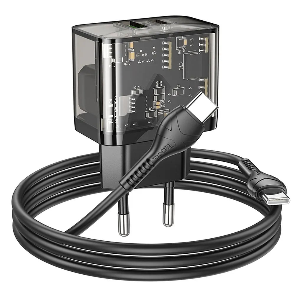 Punjač za mrežu sa USB-C kablom HOCO N34, 20W, 3A, 1 x USB-A - 1 x USB-C, Transparentan